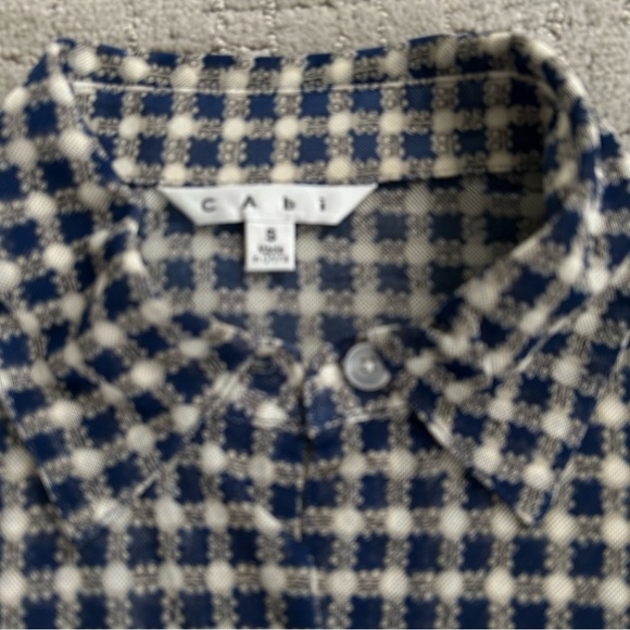 CAbi navy & off white checked blouse, size small. Somewhat sheer. EUC - Picture 6 of 11